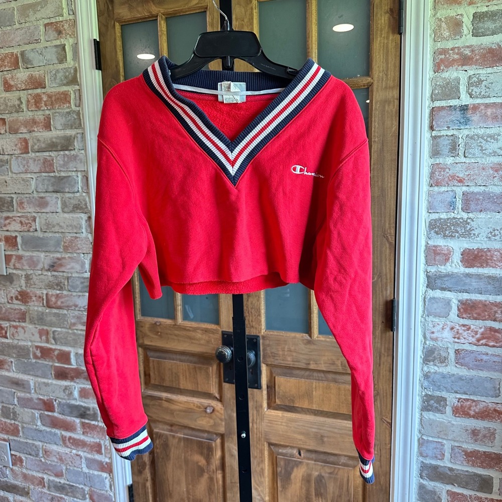 Champion Sweatshirt Women Red Reverse Weave Cropped V-Neck Striped XS
